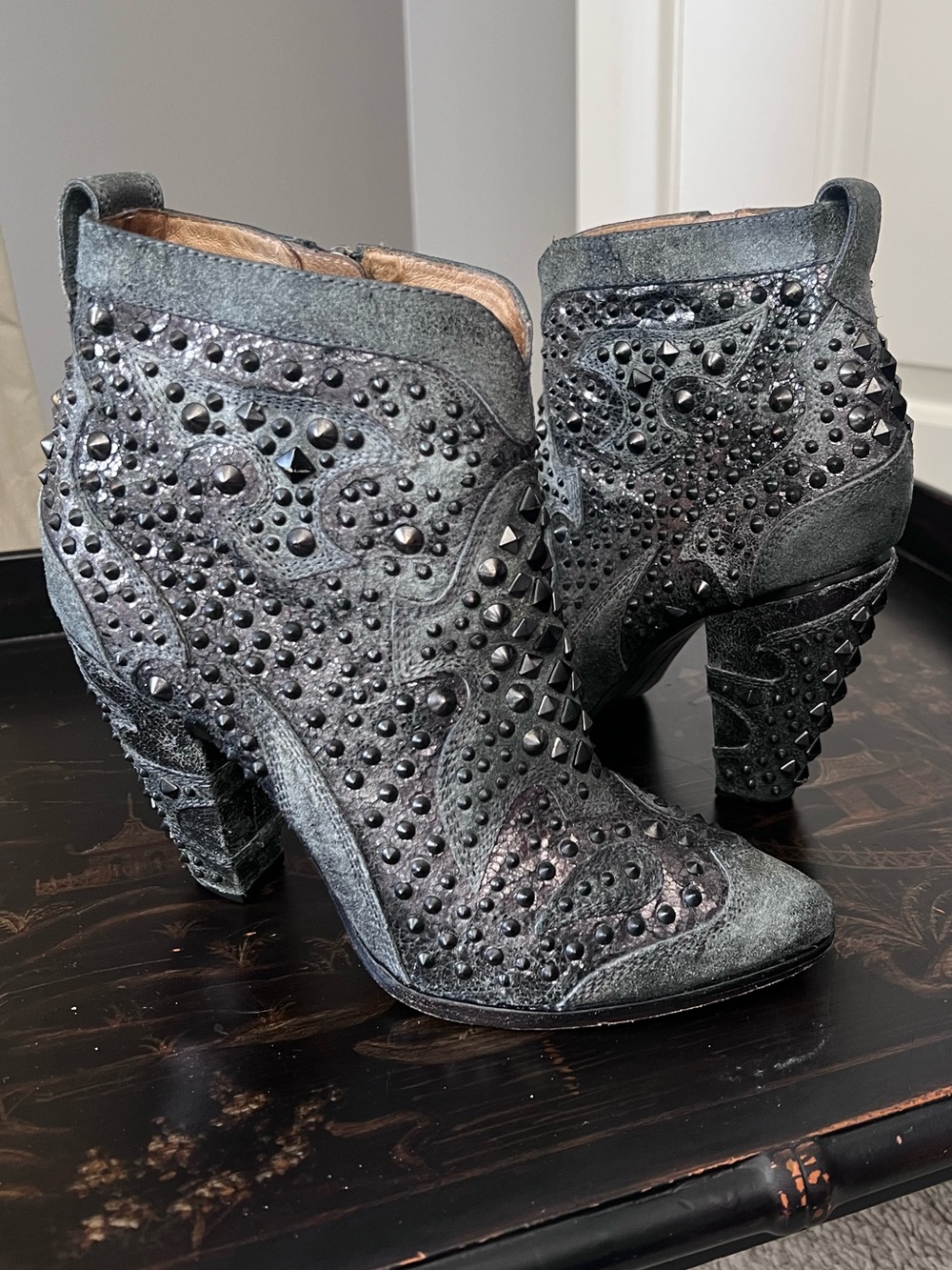 Frye Remy Deco gunmetal leather Studded Ankle Boots
